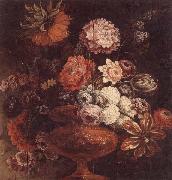 Still life of chrysanthemums,lilies,tulips,roses and other flowers in an ormolu vase